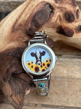 VTG. Italian Charm Link Bracelet Watch 14 Charms Stainless Steel COWS NEW